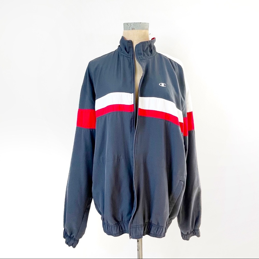 Vintage Champion Double Dry Wind Breaker Jacket Gray Red Size Large